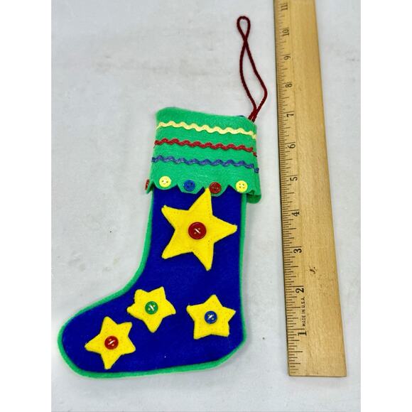 Vintage 7” Felt Christmas Stocking Embroidered Yellow Stars Appliqués Buttons - Picture 8 of 10